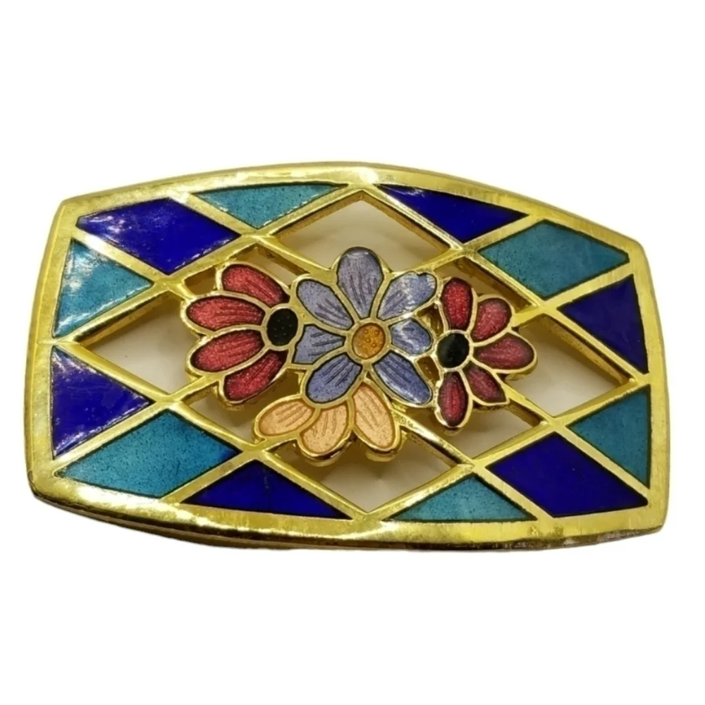 Vintage Cloisonne Brooch Pin Flowers Harlequin Pattern Multi Color Gold Tone